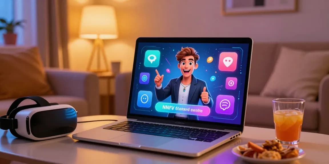 Exciting NSFW AI interaction scene featuring engaging character in a stylish room with laptop and immersive elements.