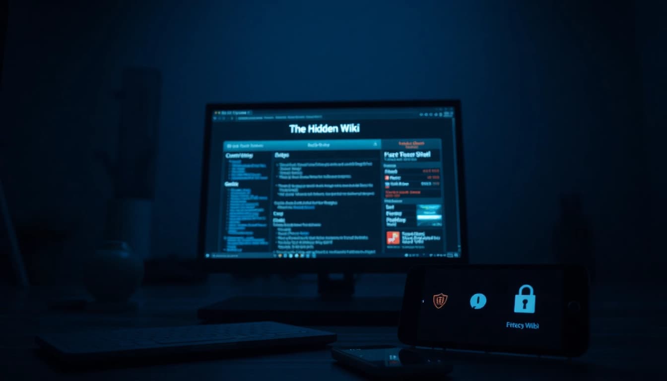 Explore The Hidden Wiki 2026 in a secure dark web environment with advanced tech devices.