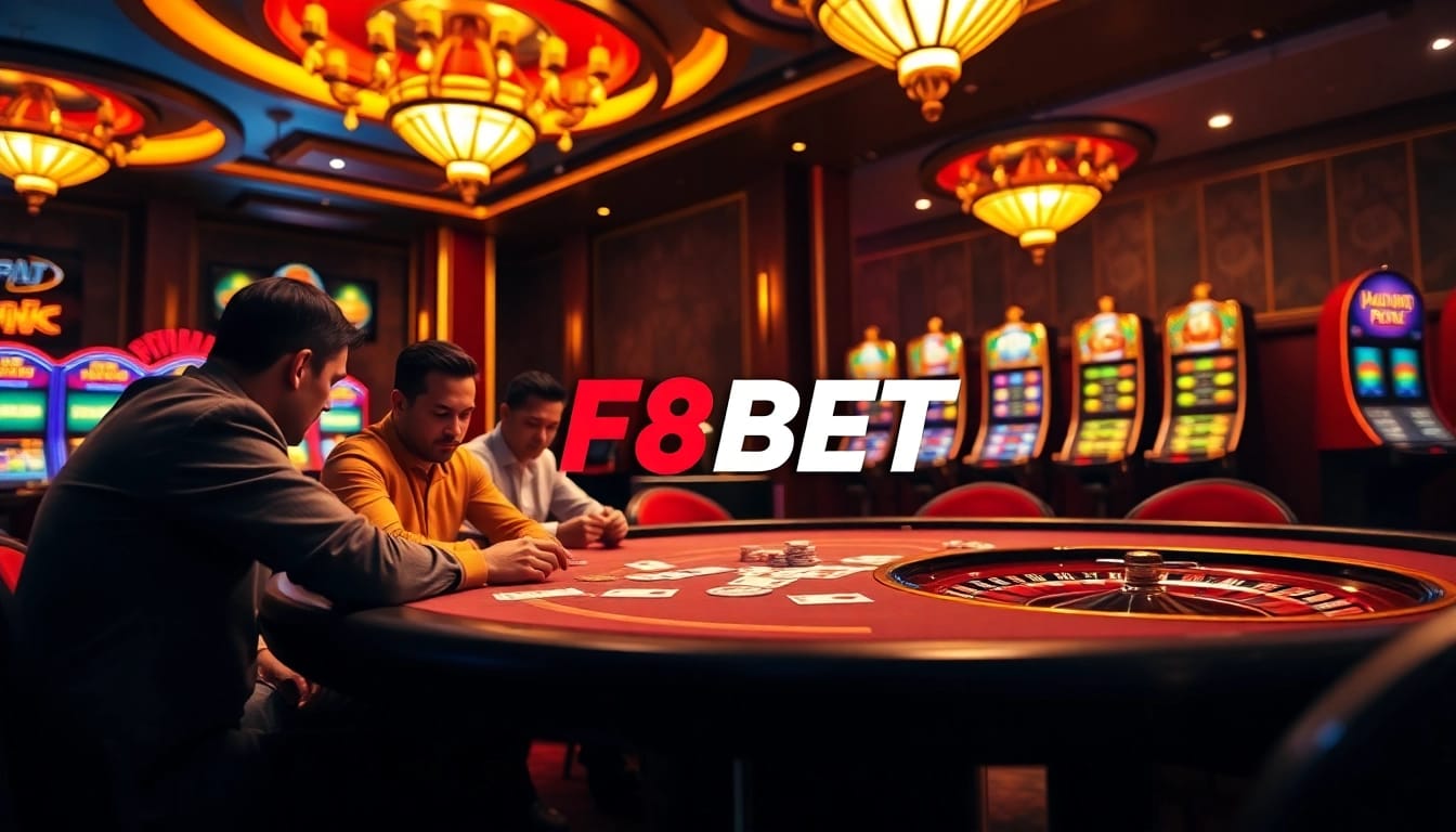 Exciting gambling scene showcasing F8BET with poker games, slot machines, and roulette excitement
