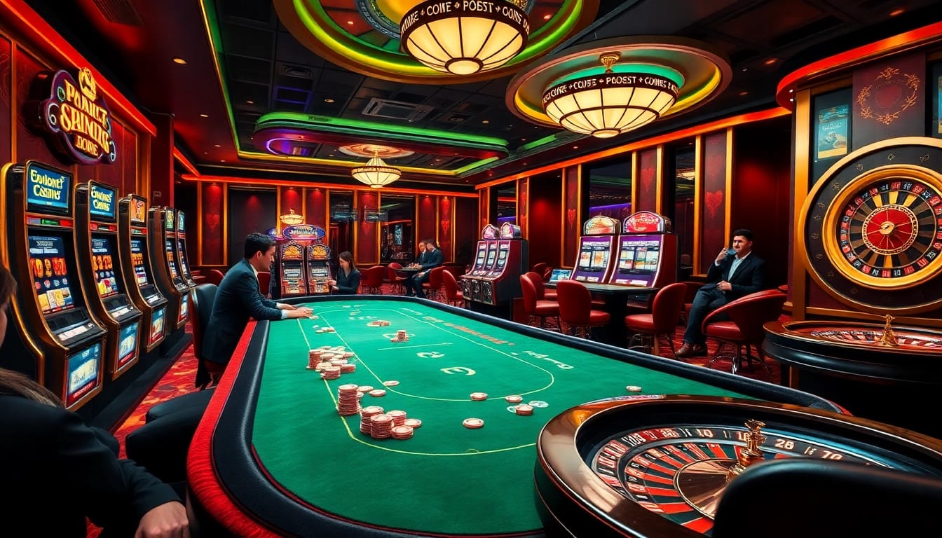 Exciting casino gaming scene featuring Nhacaiuytin strategy with poker players and vibrant slot machines.