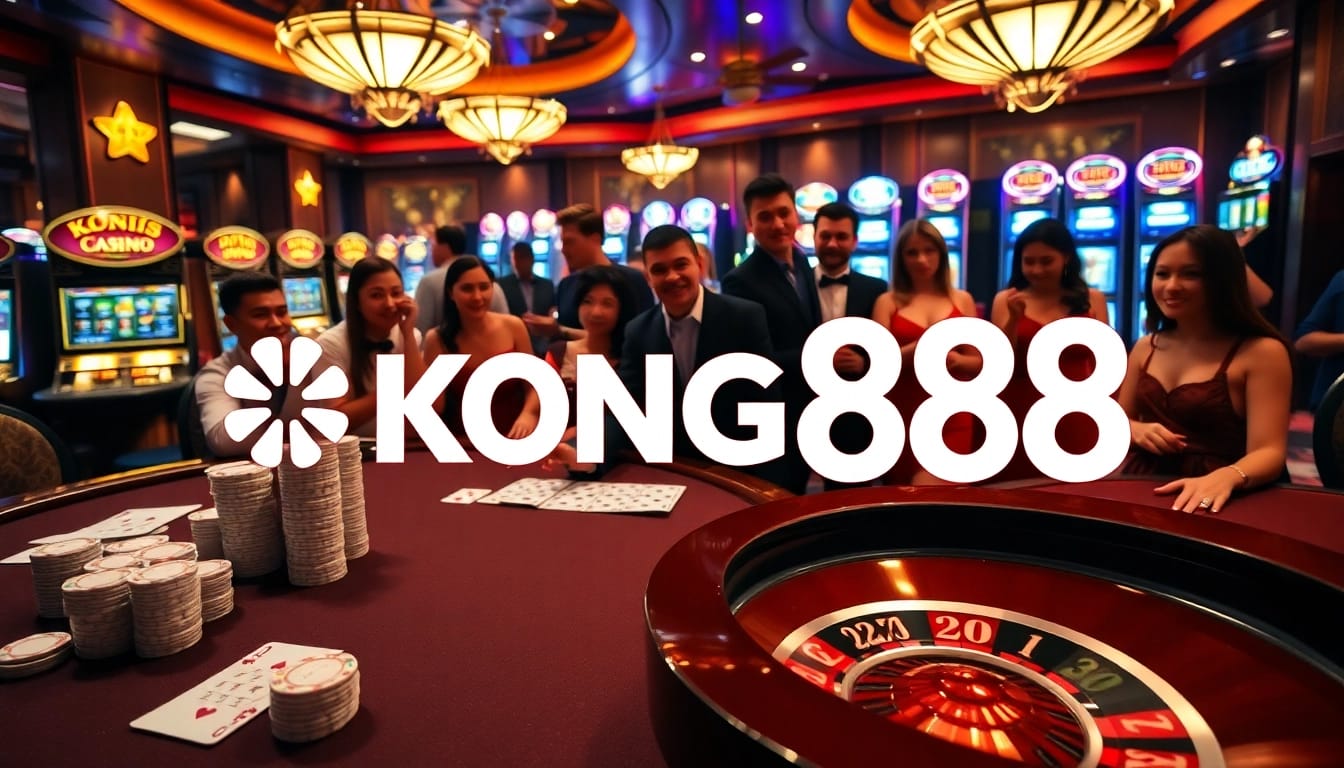 KONG88 poker table with glamorous chips and cards, showcasing a vibrant casino atmosphere.