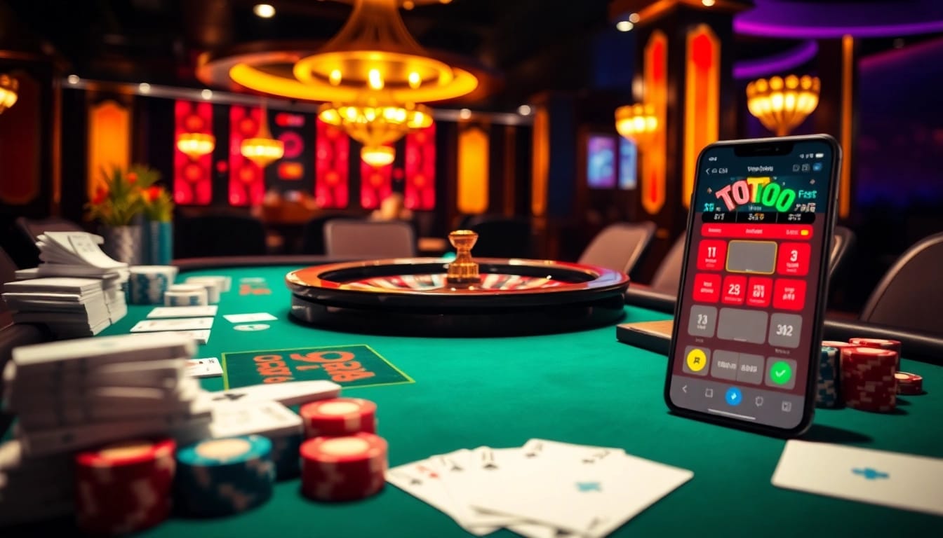 Toto Macau live draw results displayed on a high-tech mobile interface in a vibrant casino setting.