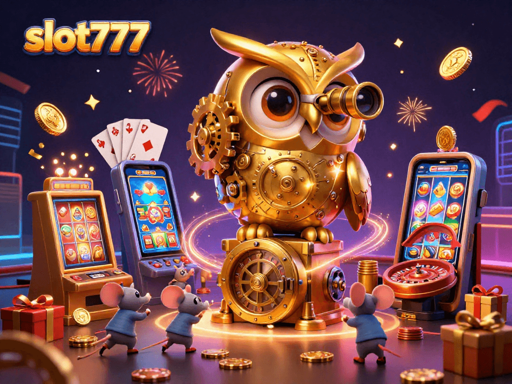 Engage in thrilling gameplay with slot777 as golden owls oversee vibrant casino scenes filled with fun.
