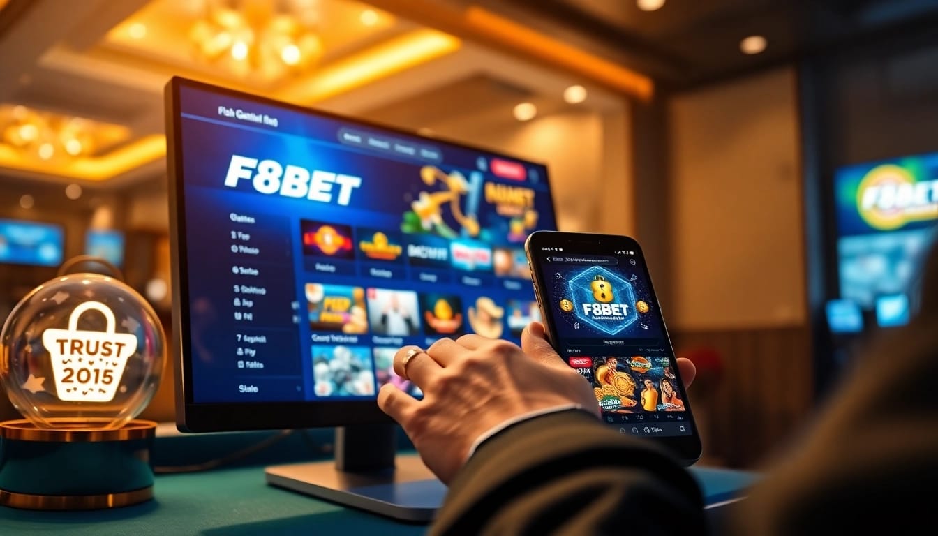 Experience the F8BET trang chủ with user-friendly design on desktop and mobile, showcasing various games and security features.