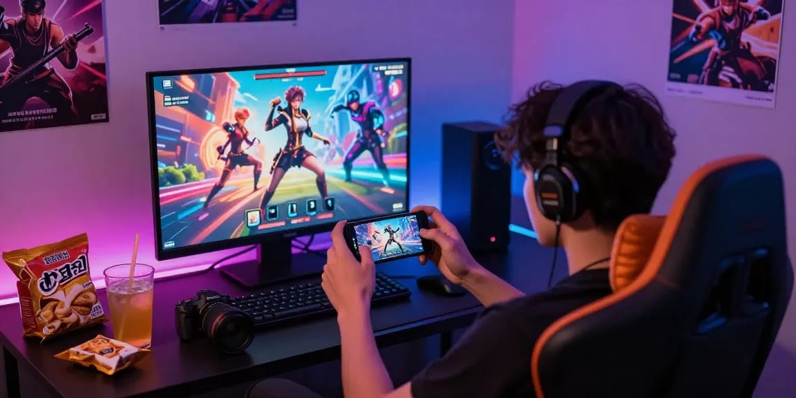 Engaged player experiencing an android hentai game in a vibrant gaming room.