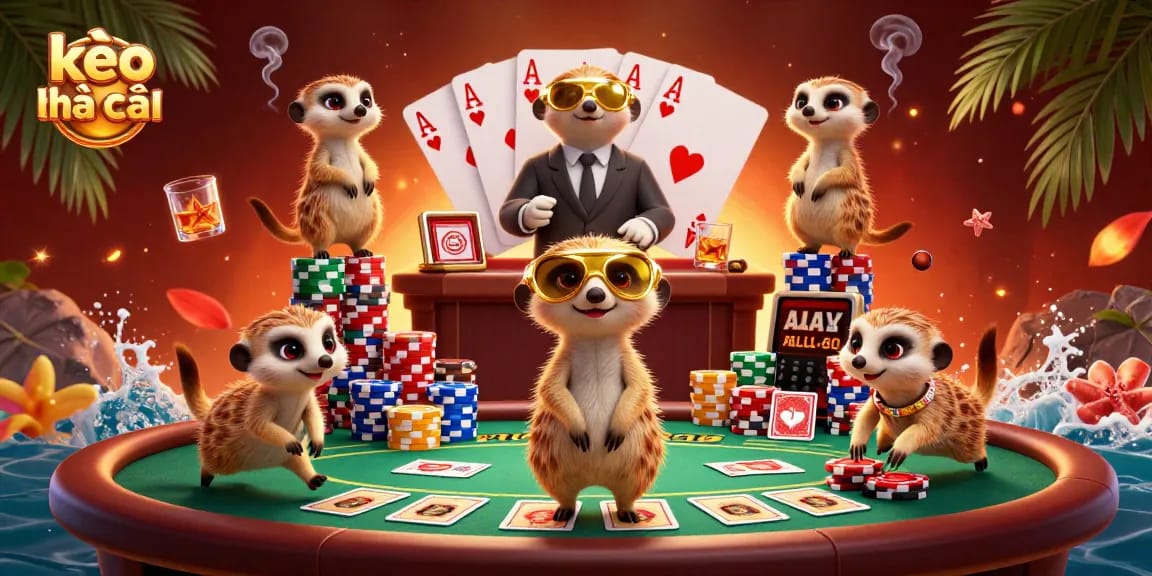 Engage in thrilling action at kèo nhà cái with meerkats managing a bustling casino scene, showcasing vibrant chips and cards.