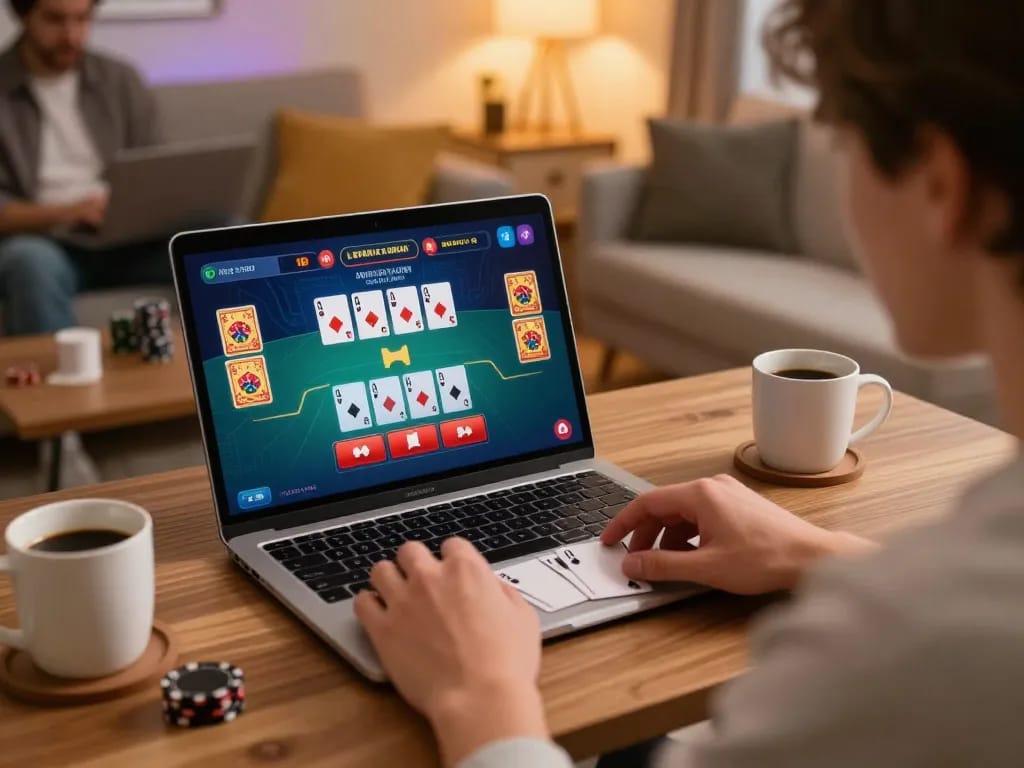 cm88 player engaged in online casino blackjack game at home with strategic focus