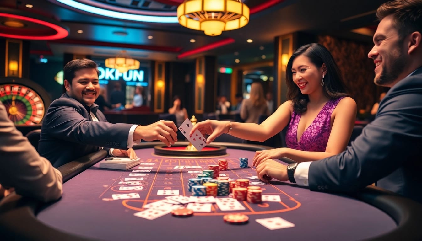 Players enjoying a thrilling game of poker at the OKFUN casino table, with colorful chips and cards.