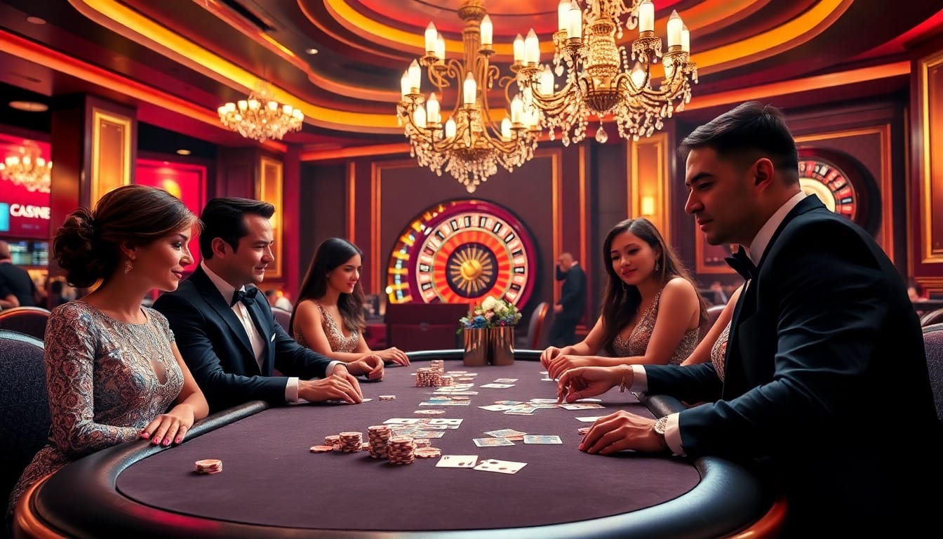 Players enjoying a thrilling poker game at a luxurious casino, embodying the essence of game queen.