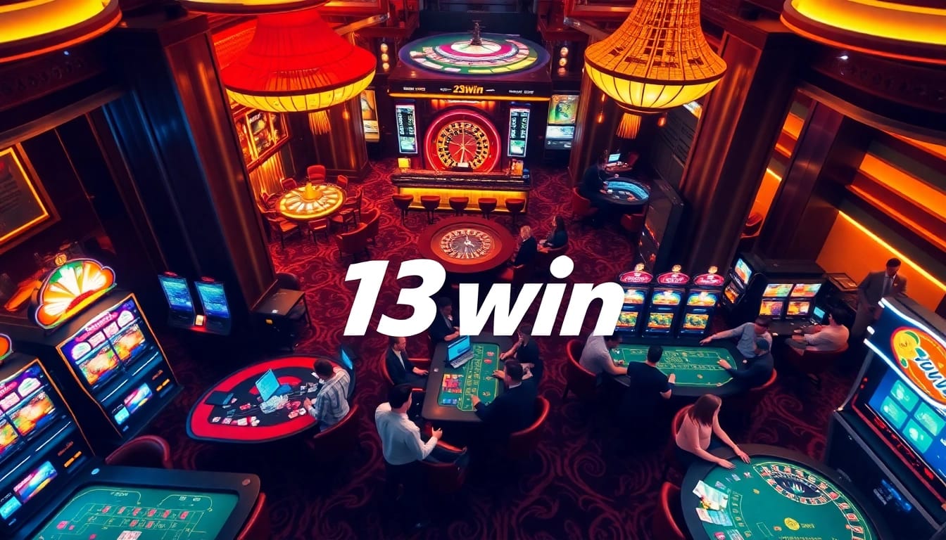 Players enjoying games at the 13win casino with vibrant slot machines and tables.
