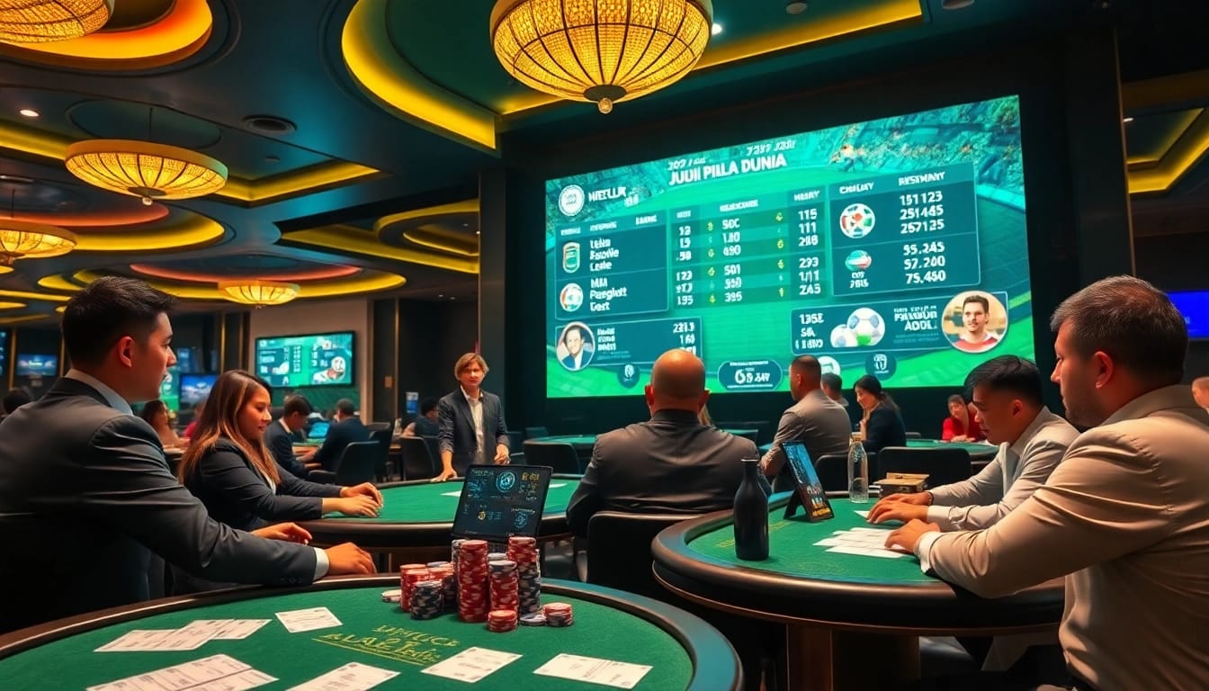 Experience exhilarating Judi Piala Dunia betting as gamblers place wagers in a luxurious casino setting.