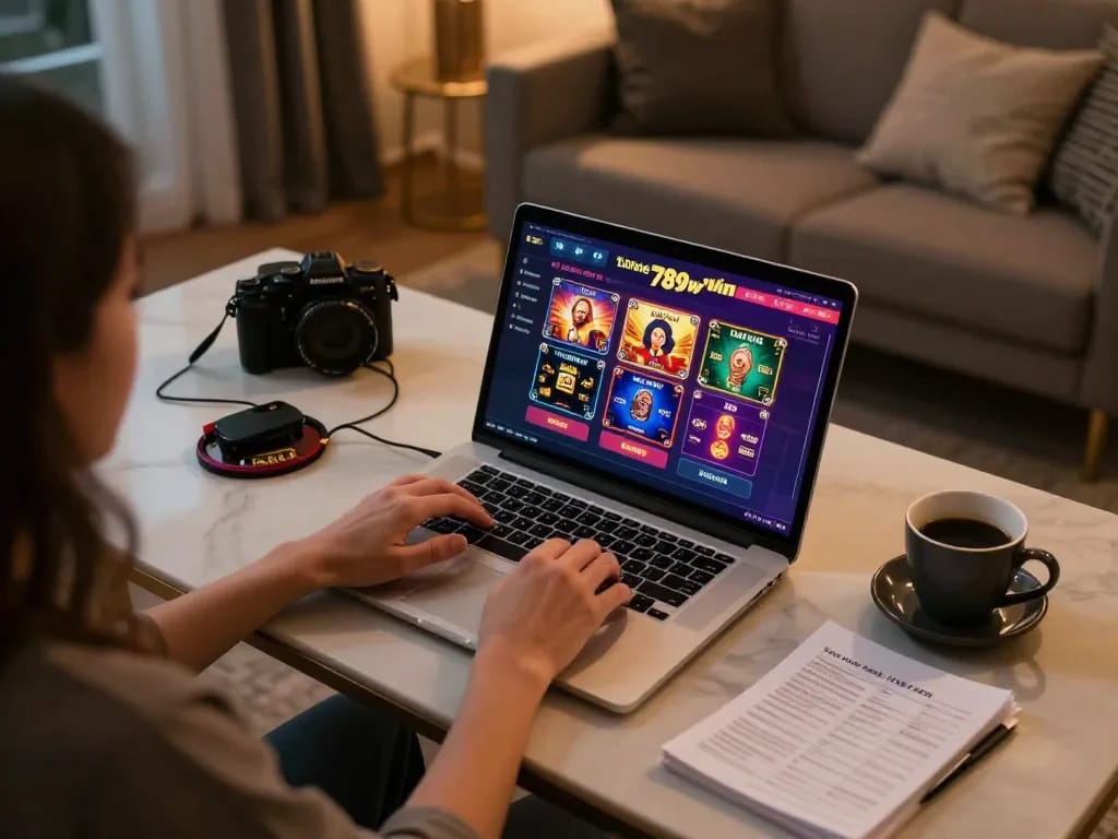 Player enjoying 789win online gaming experience on a laptop with betting strategies visible.