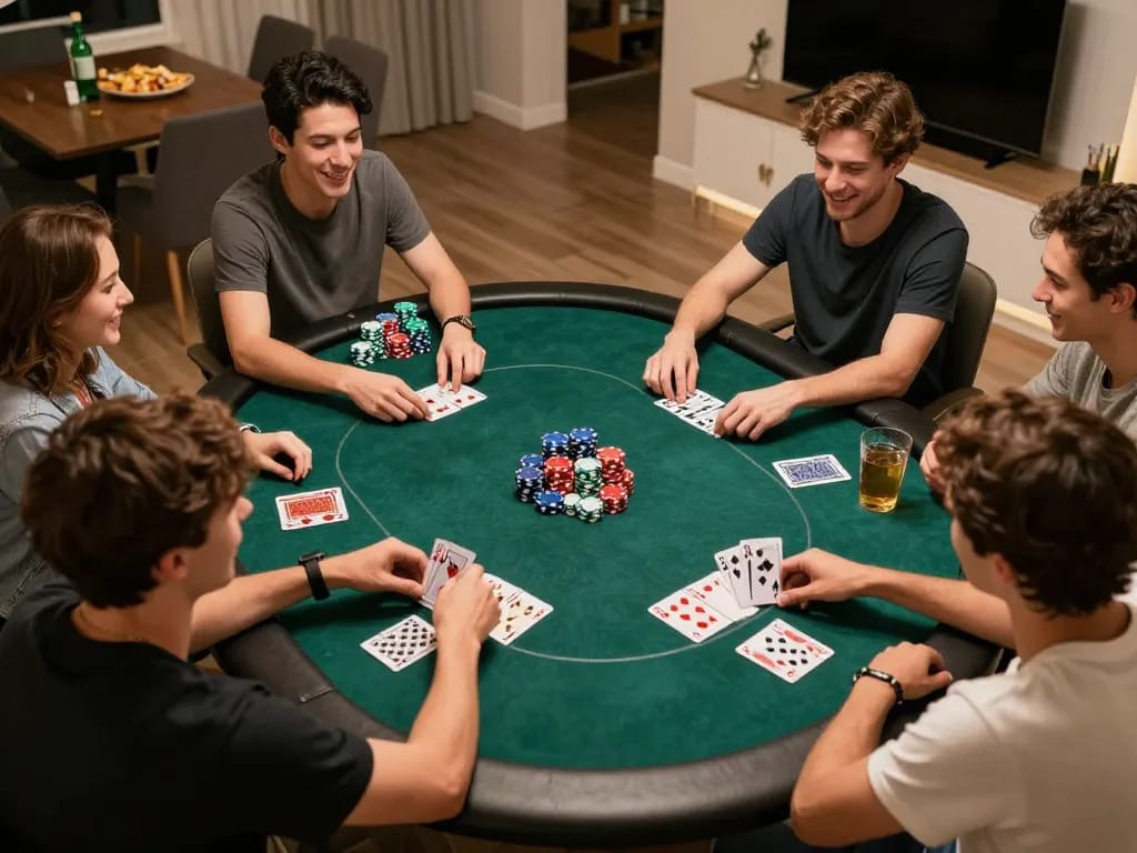 Engaging home poker night scene showcasing players at a table with chips and cards, highlighting nhà cái 888NEW experience.