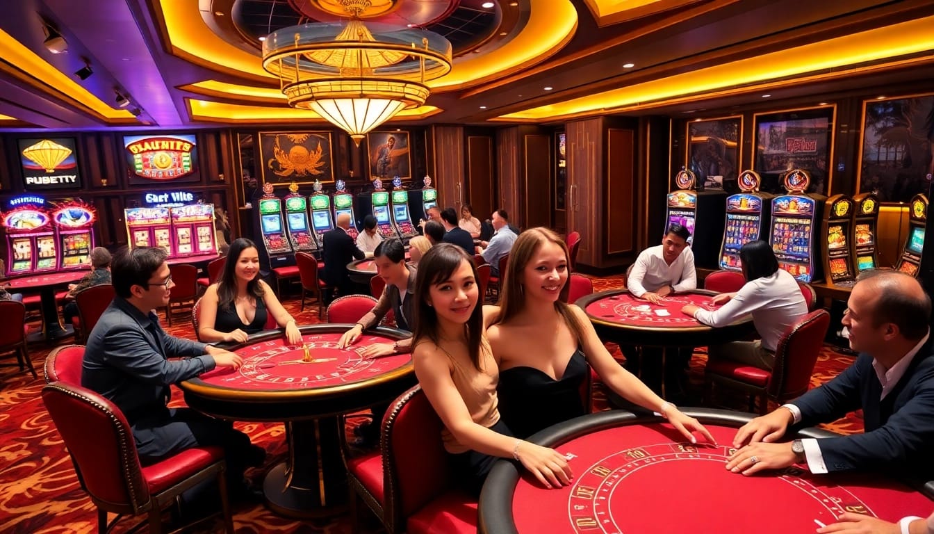Players enjoying poker and blackjack at the luxurious i9bet casino interior.