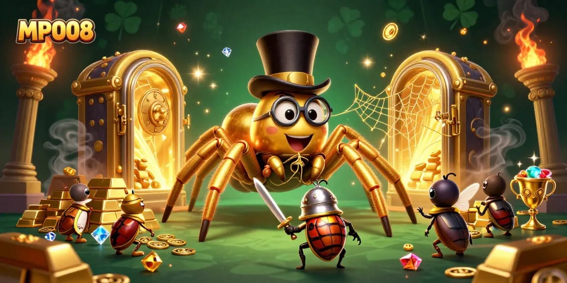 MPO08 introduces thrilling gaming experiences with a fantasy creature weaving golden threads across casino pillars.