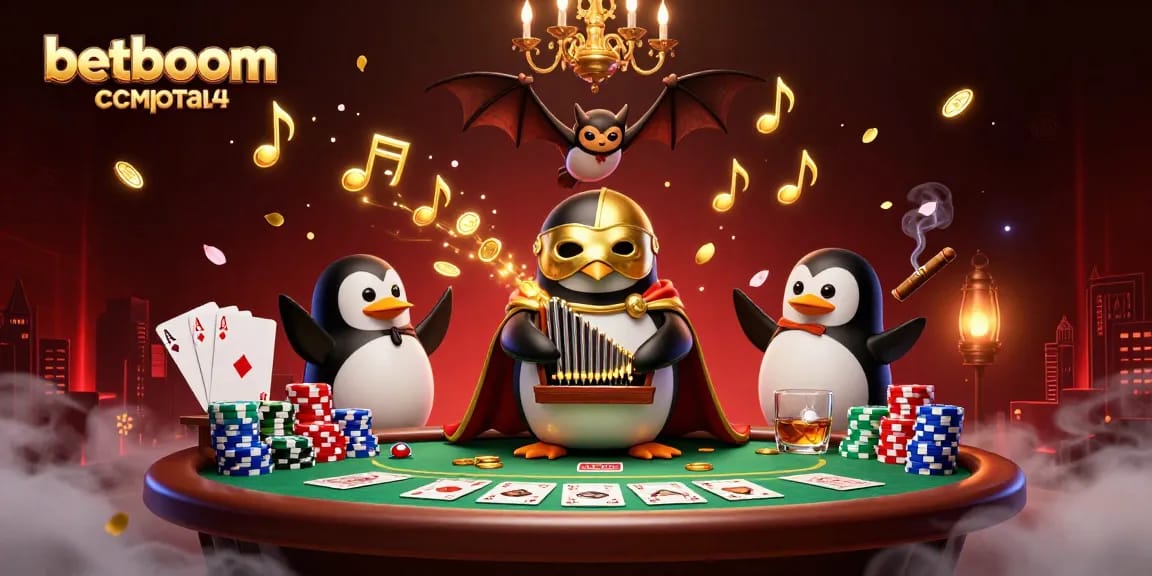 Betboom скачать illustrated scene with a penguin playing an organ while golden coins fly in a vibrant casino setting.