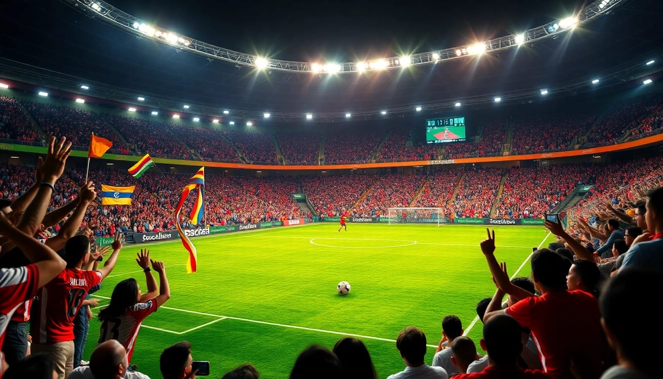 Socolive.com.co showcases a thrilling soccer match atmosphere with vibrant fans and live scores.