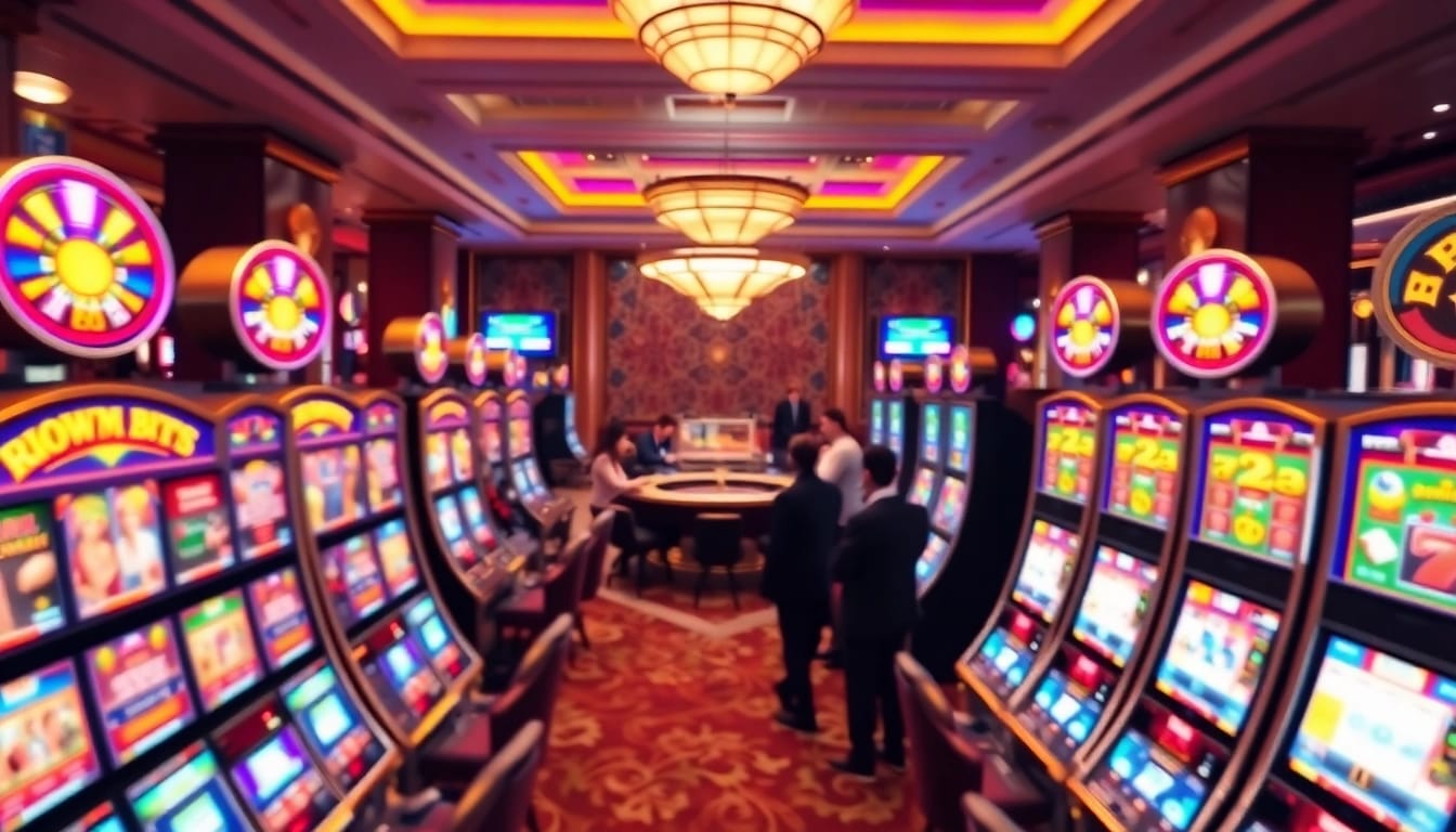 Players enjoying various slot machines in a vibrant casino atmosphere with colorful lights.