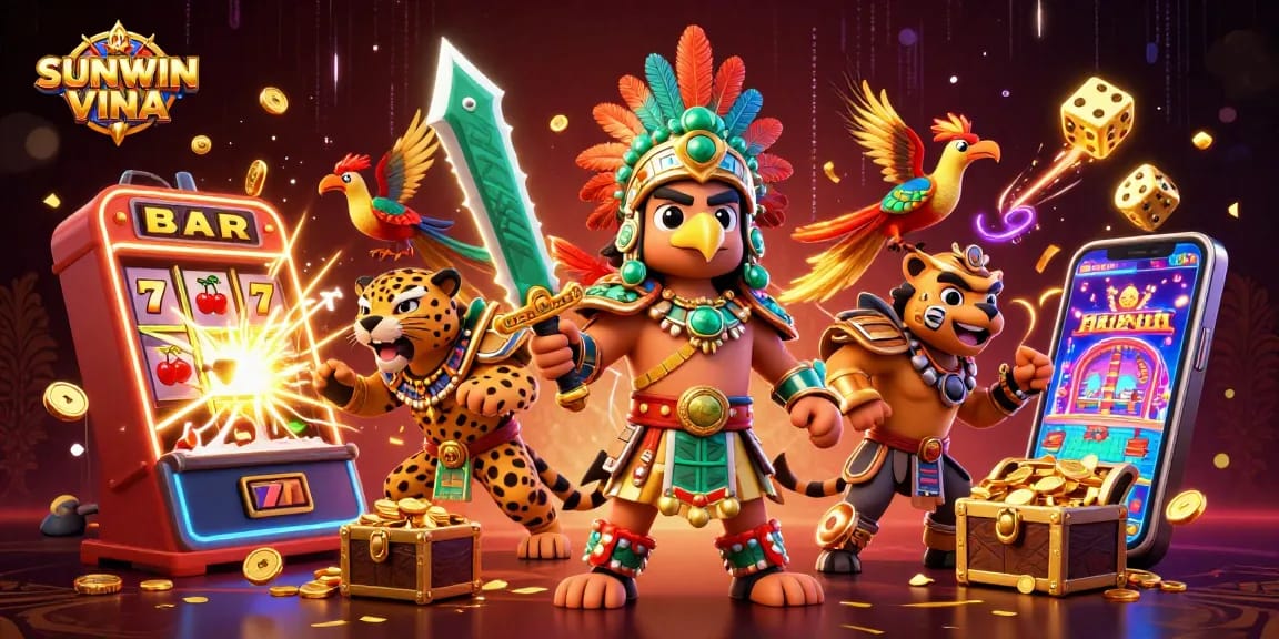 Play dynamic games and jackpots with SUNWIN VINA amidst vibrant casino elements and thrilling action.