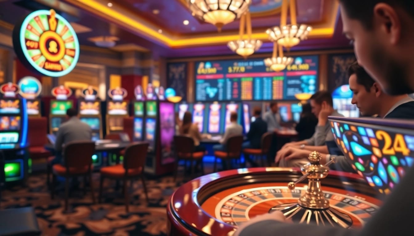 Engaging slot gacor machines attracting players with vibrant colors in a luxurious casino atmosphere.