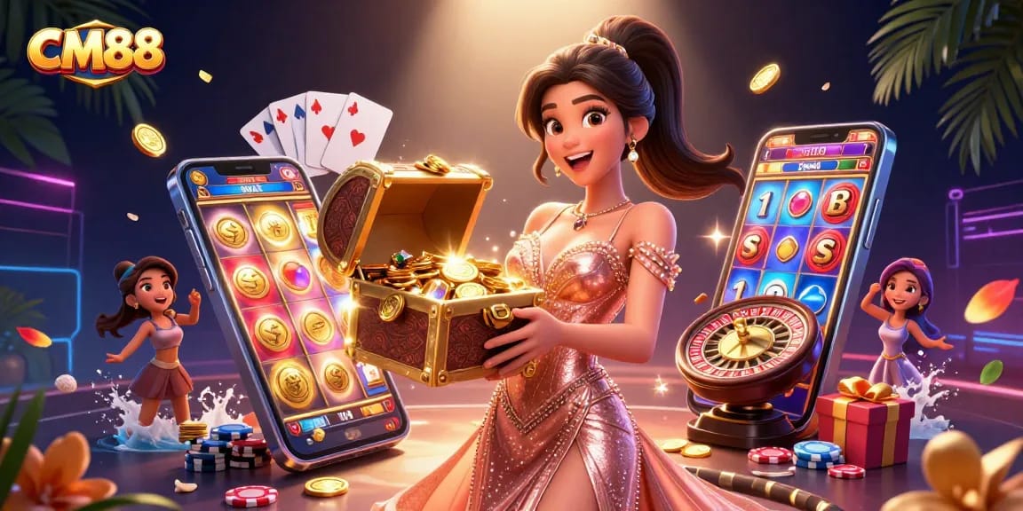 Experience CM88's thrilling treasures with vibrant casino elements and joyful energy.