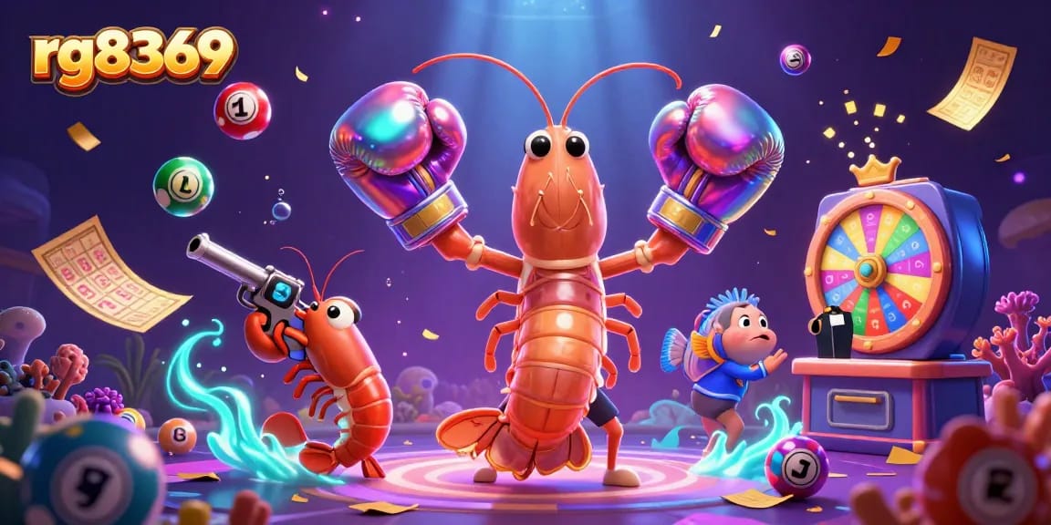Engage with rg8369 in a vibrant online casino scene featuring colorful lottery elements and animated characters.