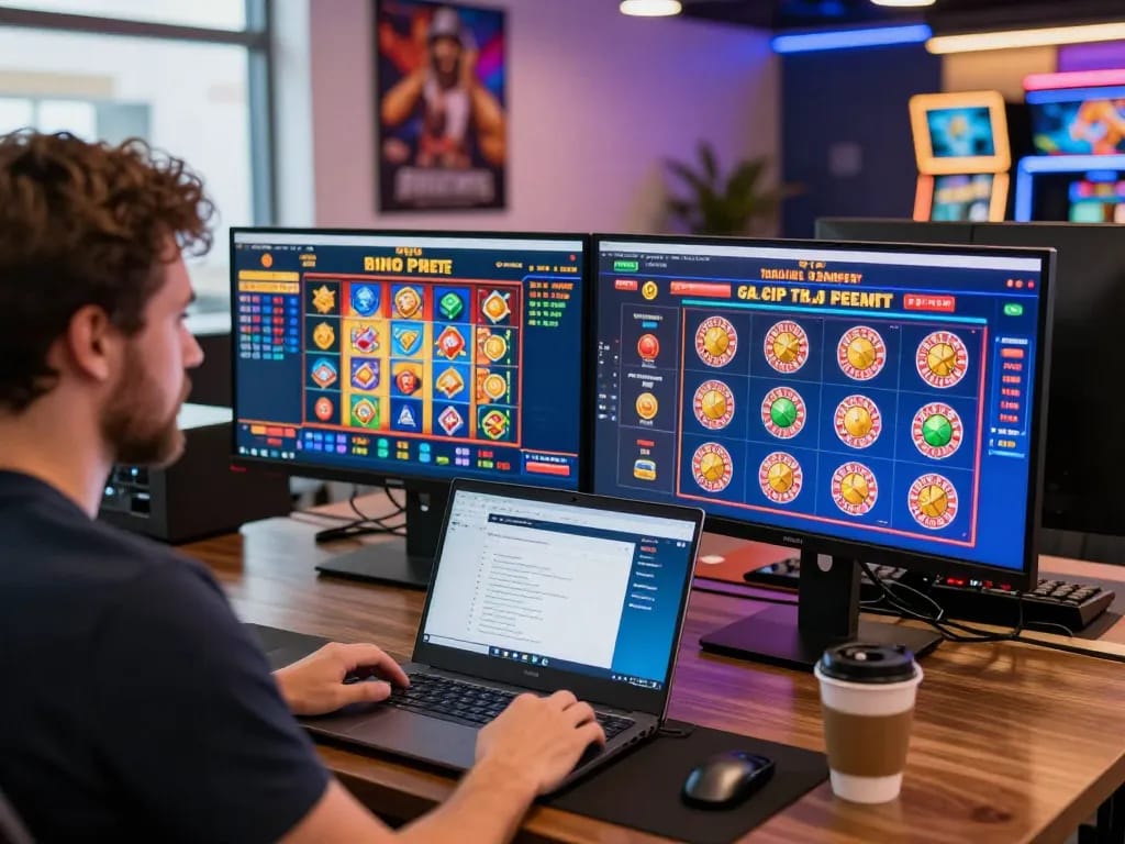 Engaged player at https://32win.agency/ enjoying an online casino experience with vibrant game displays.