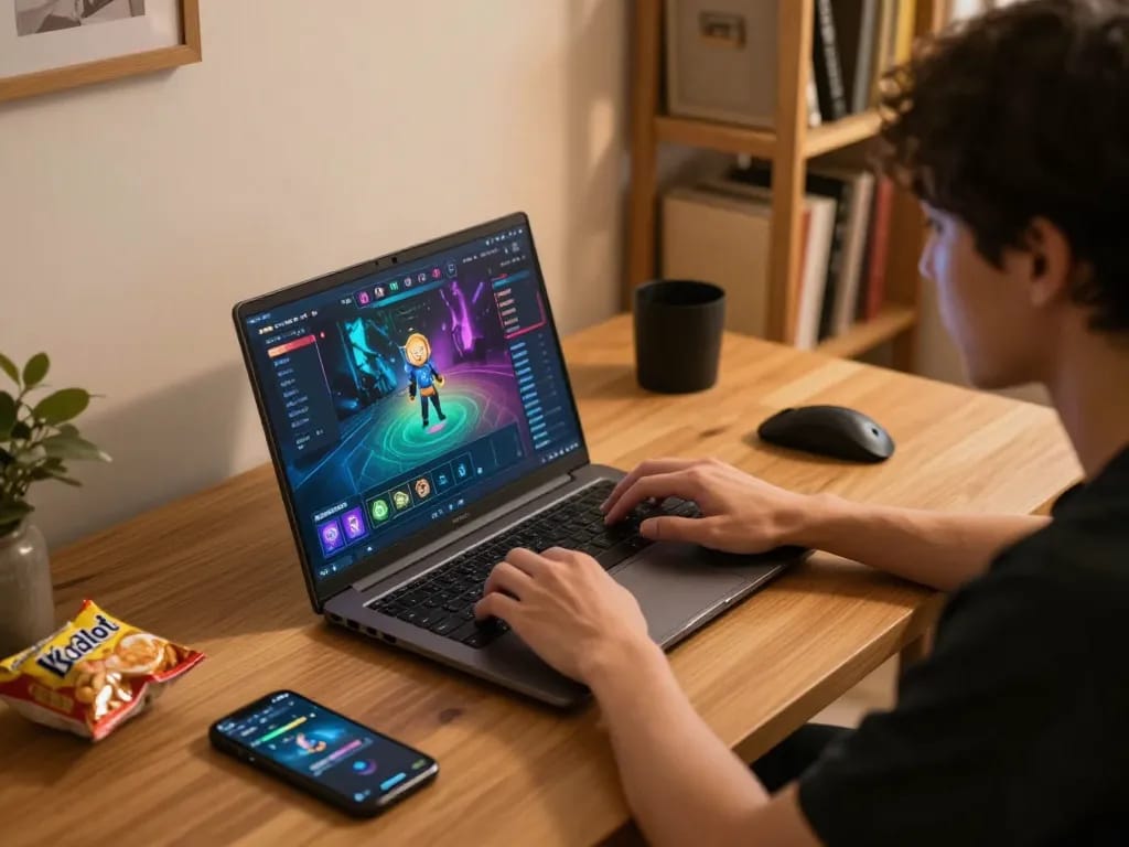 Player enjoying kdslot on laptop in cozy home setup with snacks and warm lighting.