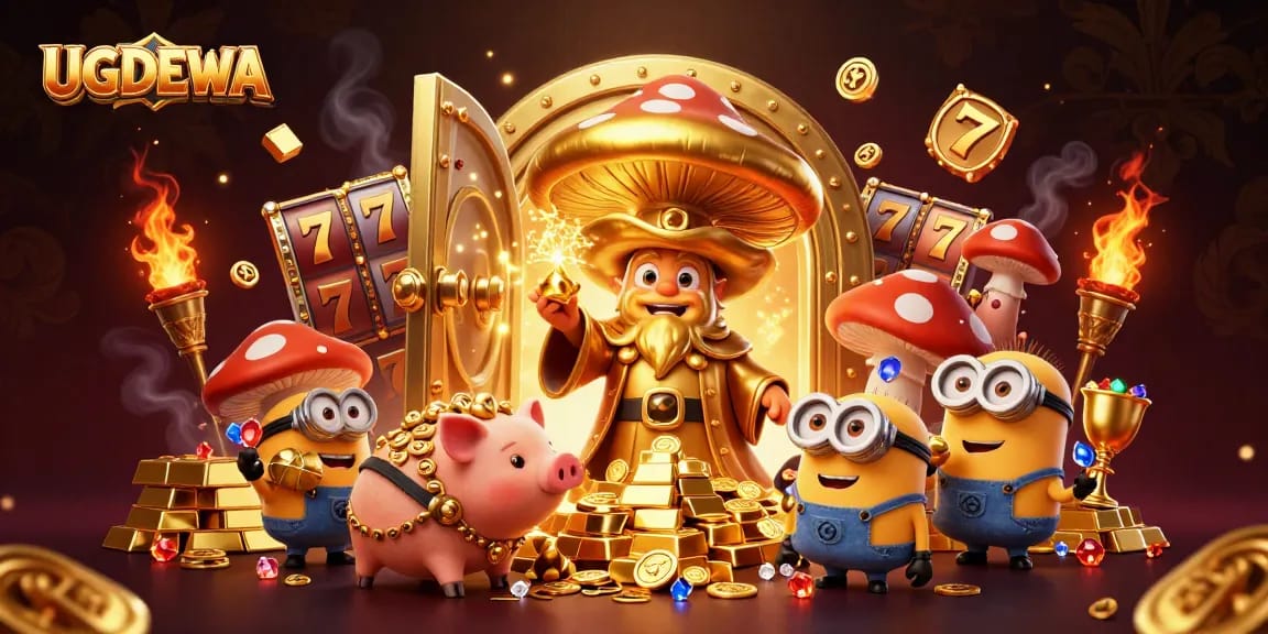 Engage with UGDEWA's vibrant slot world featuring golden treasures and whimsical characters.