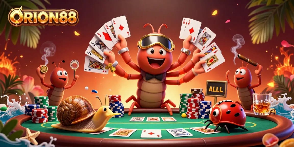Engaging poker scene showcasing ORION88 with a cartoon dealer and colorful chip stacks at a vibrant table.