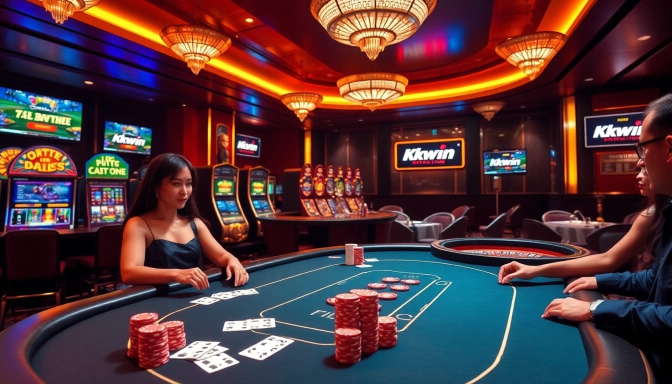 Kkwin players enjoying a high-stakes poker game in a luxurious casino environment, vibrant and thrilling.