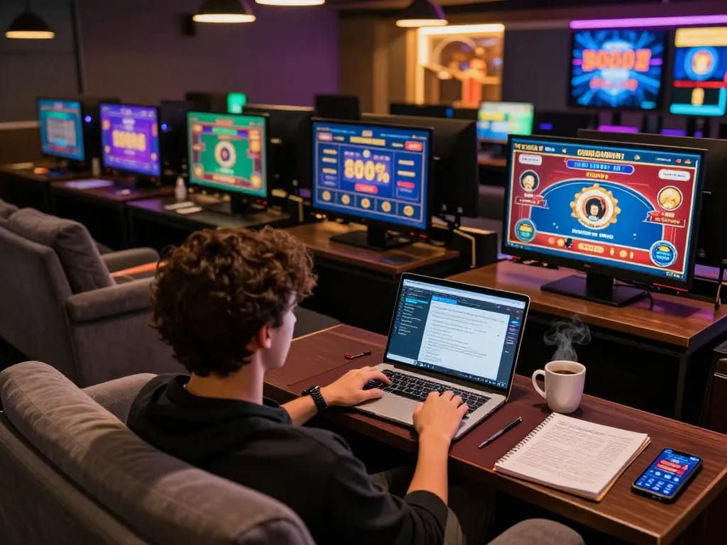 Pemain yang terlibat menikmati permainan poker online dan slot di platform uxplora dalam lingkungan rumah yang nyaman.