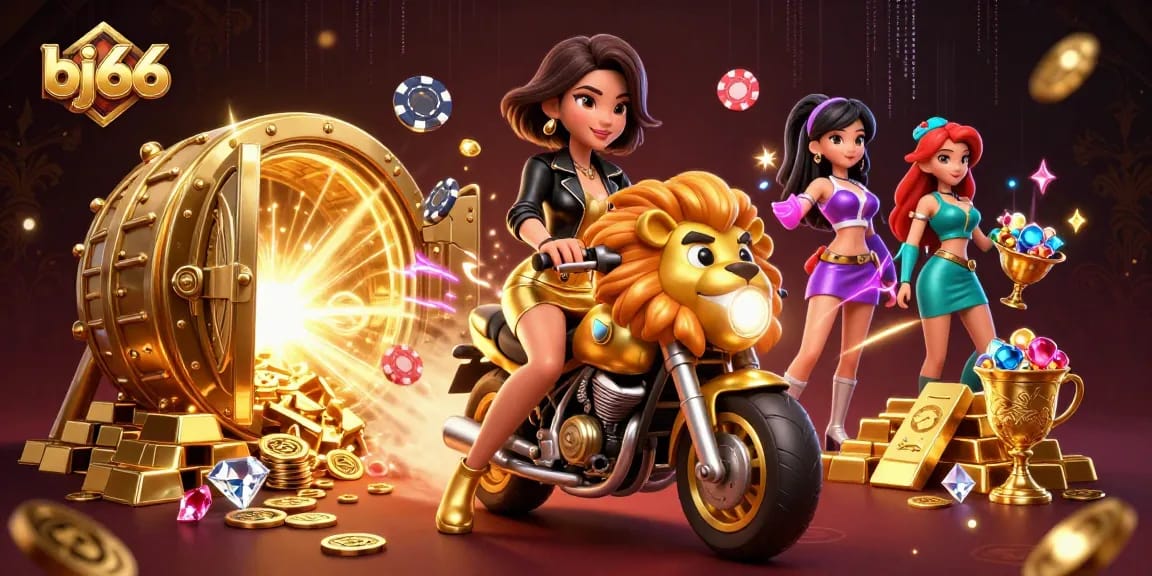 Experience the thrill of bj66 with a glamorous woman on a golden lion, surrounded by treasures at a vibrant casino.