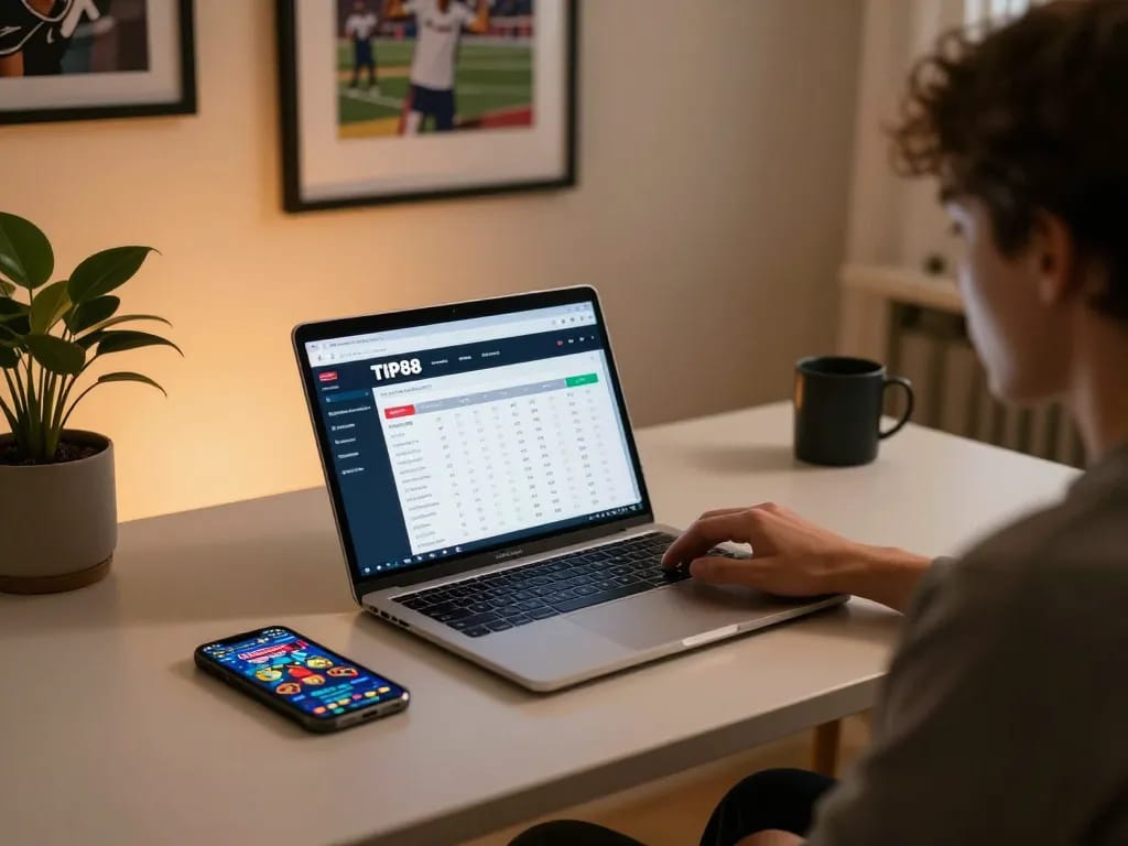 Engaging in online betting on TIP88 with a stylish home setup and live casino game on screen