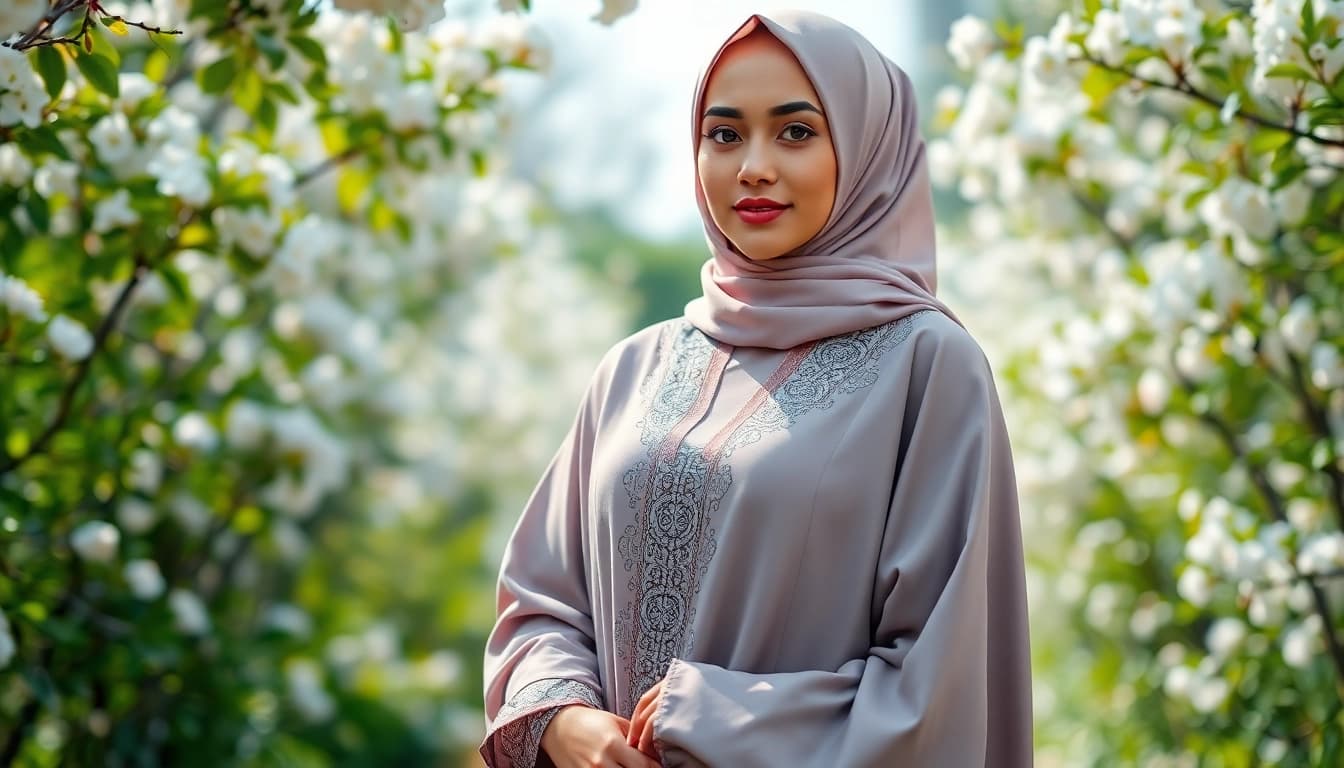Showcasing a stunning abaya by a Modest clothing manufacturer in a serene natural setting.