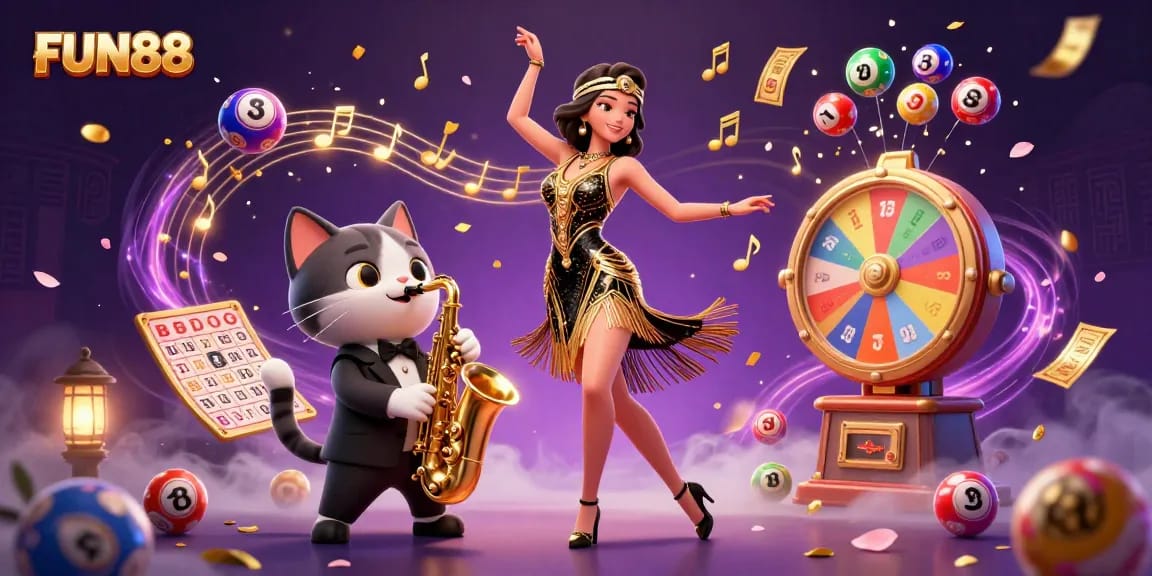 Engaging illustration of FUN88 featuring a flapper woman dancing with a golden saxophone-playing cat, surrounded by vibrant casino elements.