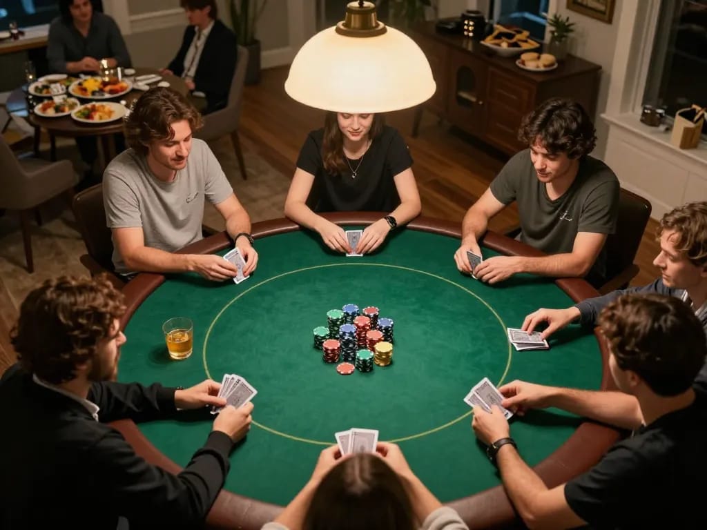 Engaged players in an exciting poker night showcasing 23win đăng nhập at home with colorful chips and cards.