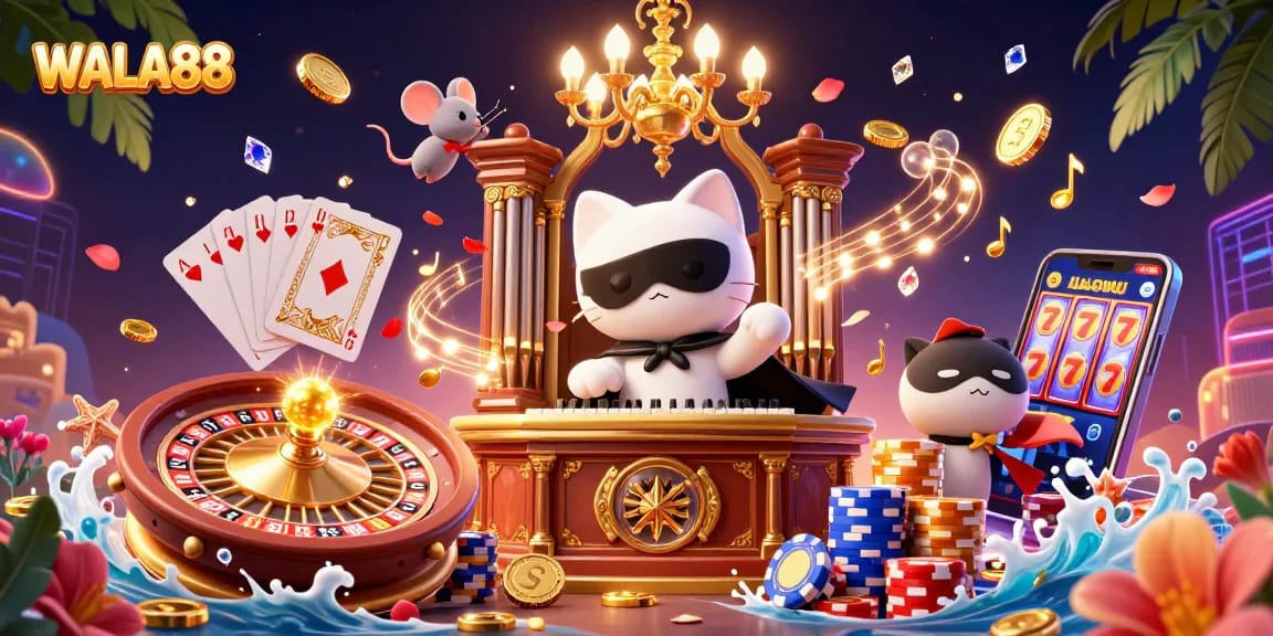 WALA88 showcases thrilling cockpit action with a dynamic casino-themed scene, complete with 3D characters and rich gambling elements.