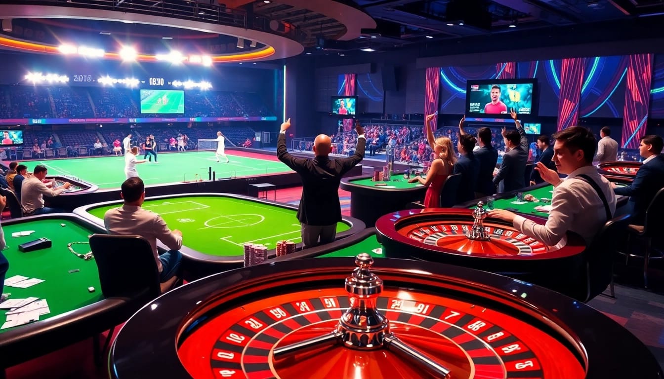 Judi Piala Dunia betting excitement with enthusiastic bettors and vibrant casino elements.