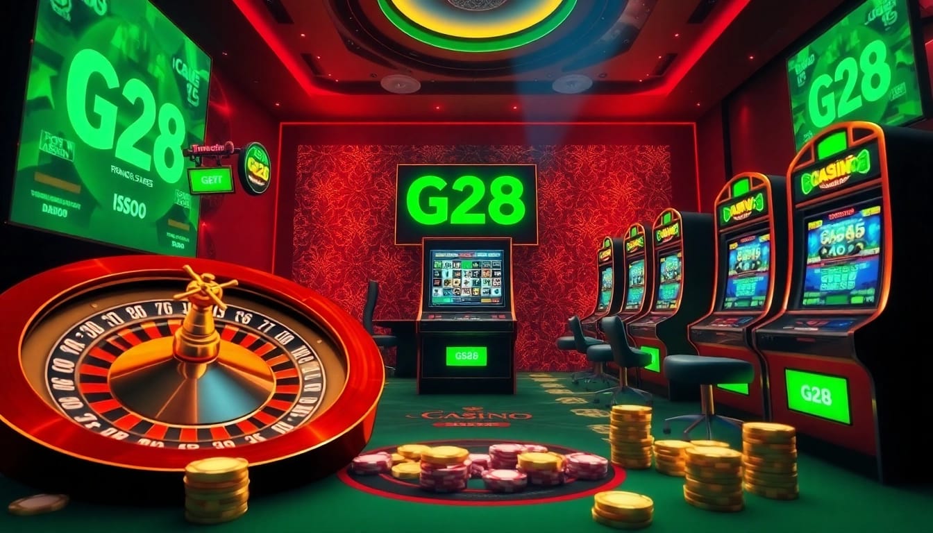 Experience the excitement of gambling with the luxurious Trang chủ G28 casino interface, featuring poker chips and a roulette wheel.