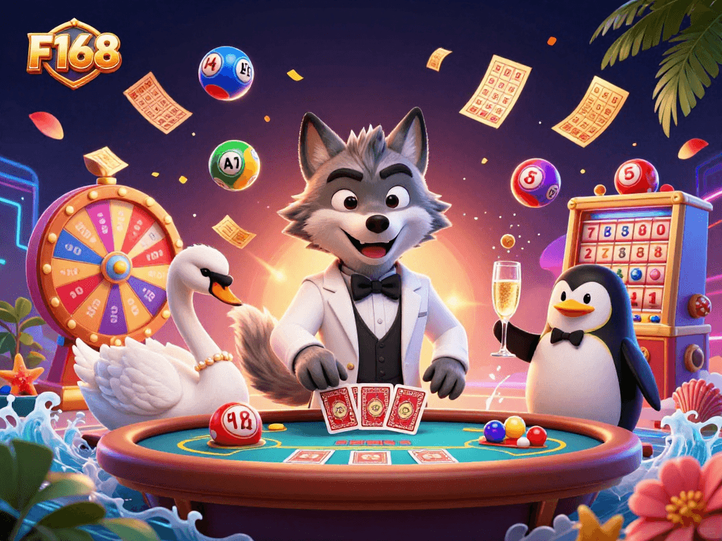 Experience the excitement of F168 with a vibrant casino scene featuring colorful elements and engaging characters.