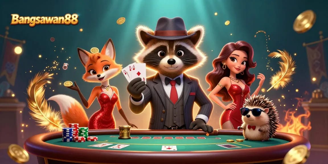 Bangsawan88 illustrated scene of a raccoon, fox, and hedgehog engaging in poker, showcasing vibrant gambling action.