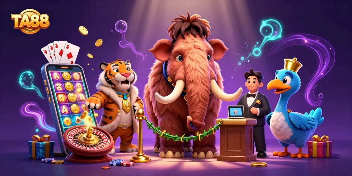 Engage with TA88's vibrant casino scene featuring animated characters and dynamic game elements.