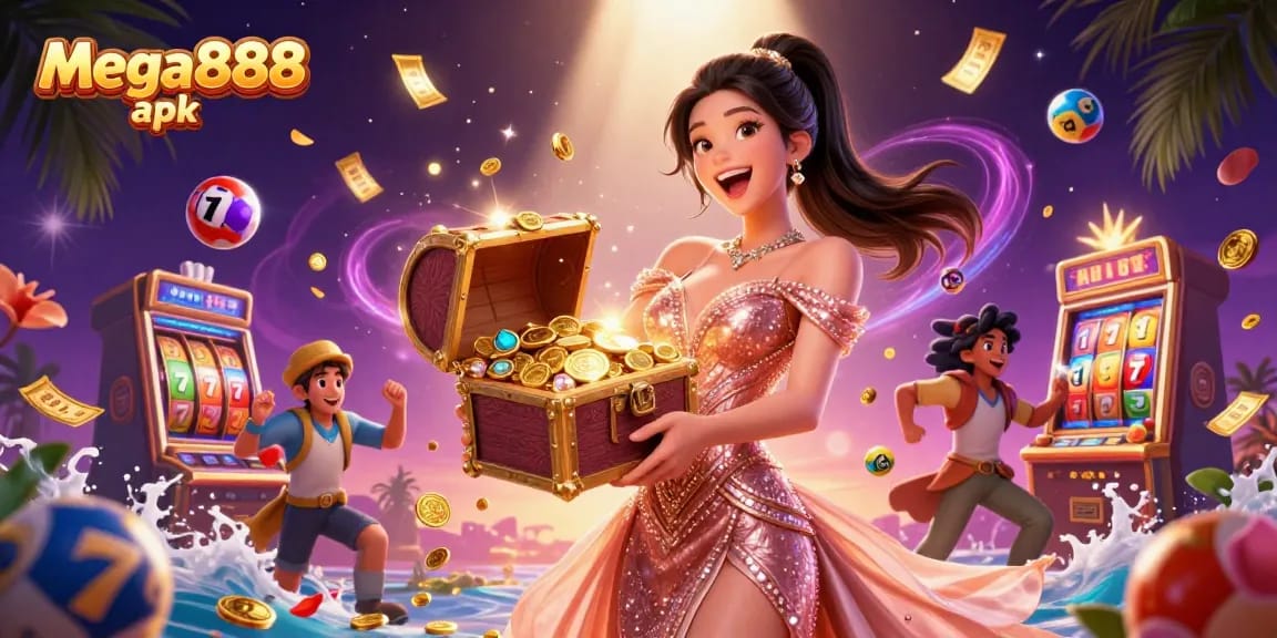 Experience the thrill of winning with mega888 apk, surrounded by exciting casino elements and treasures.