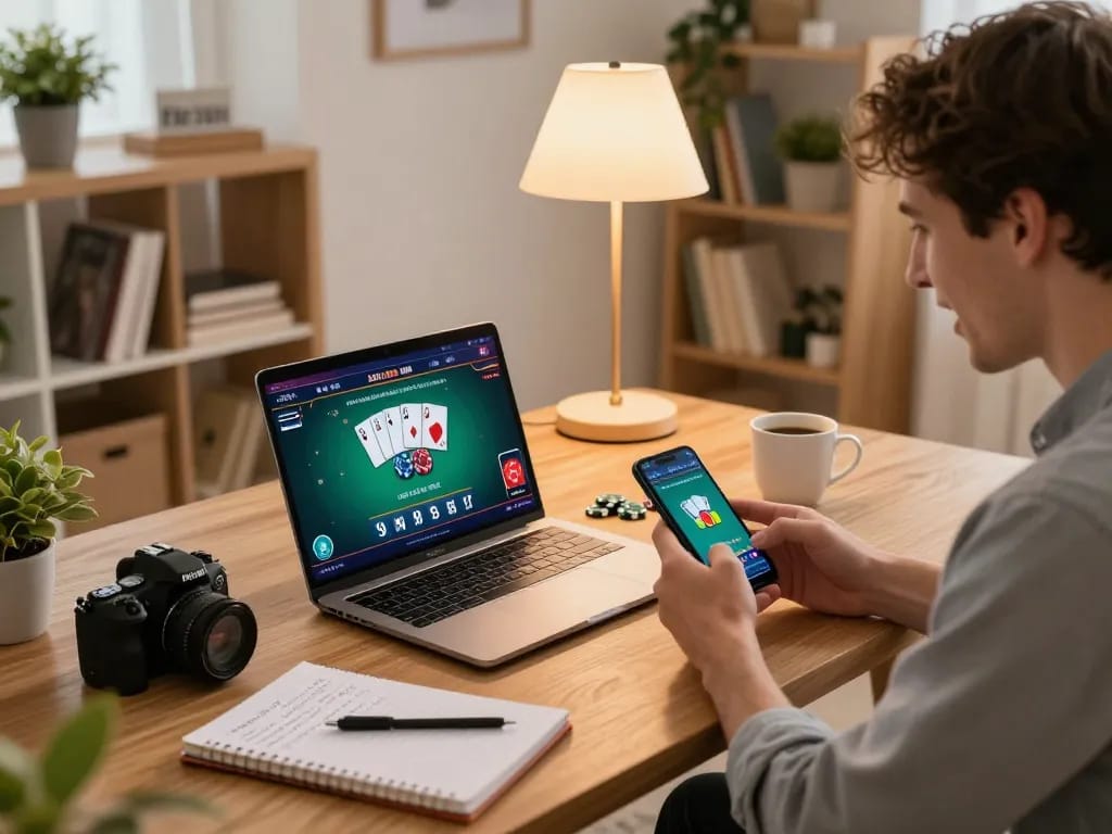 Engaging in online poker at home with luckywin interface on laptop, promoting strategic gameplay.