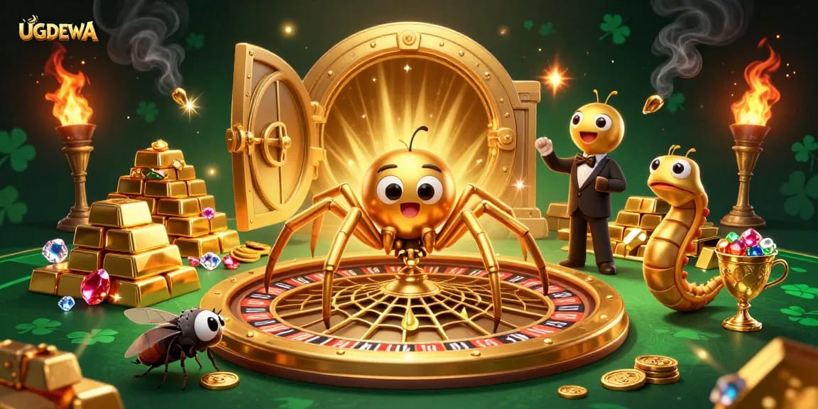 Engage with UGDEWA's vibrant casino scene featuring a golden spider and thrilling elements.