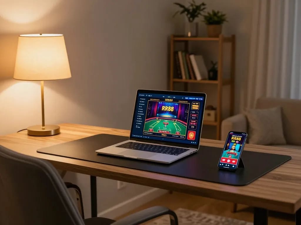 Engaging in RR88 online gaming on a modern laptop with a live dealer game displayed, showcasing a cozy setup.