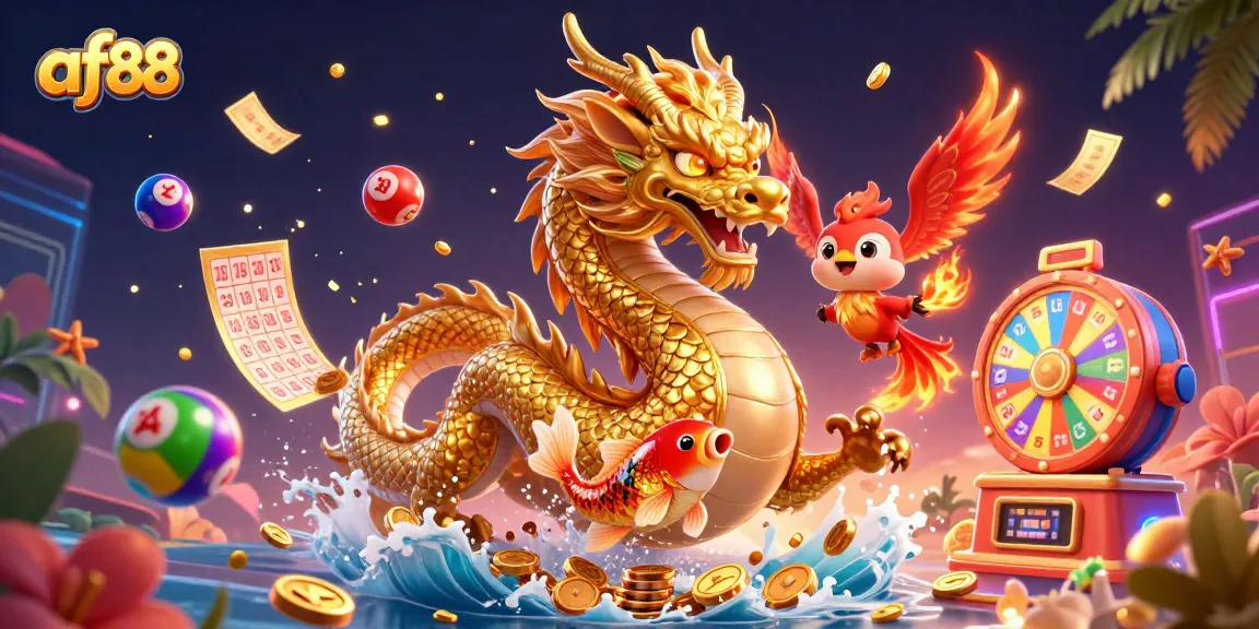 Join the excitement at af88 with a golden dragon soaring through a dynamic scene of casino fun.
