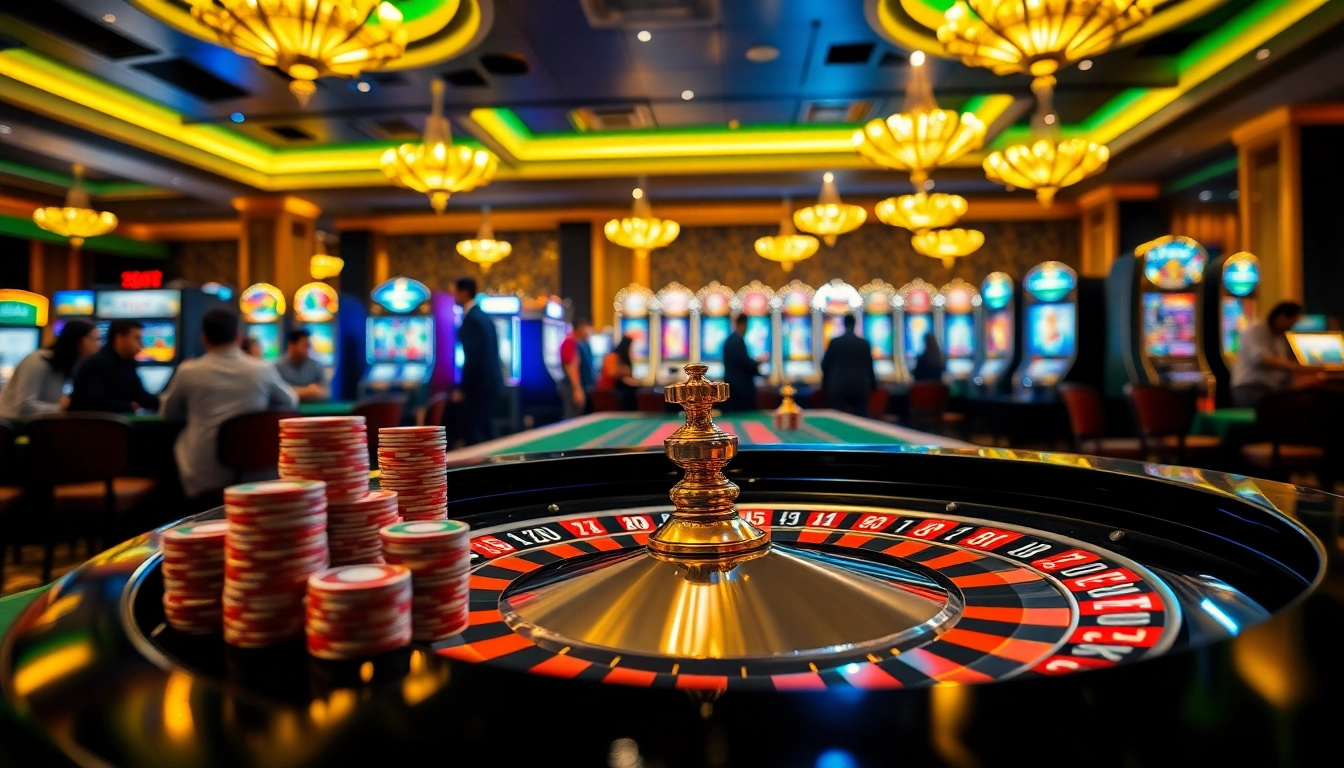 Nổ Hũ Đổi Thưởng gaming scene with roulette and excited players, showcasing luxury and excitement.