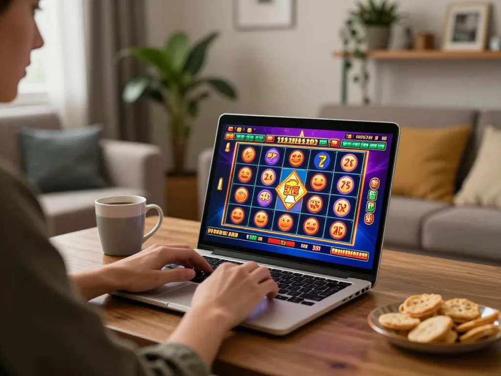 Player enjoying an engaging online slots game at home using llwin on their laptop, cozy atmosphere with a lively setting